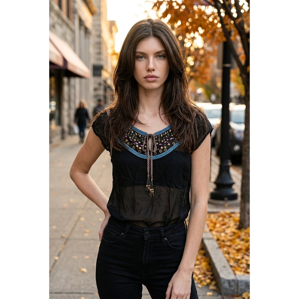 Nanette Lepore 4 Black Beaded Studded Rayon Blend Top Boho Hippie Southwestern